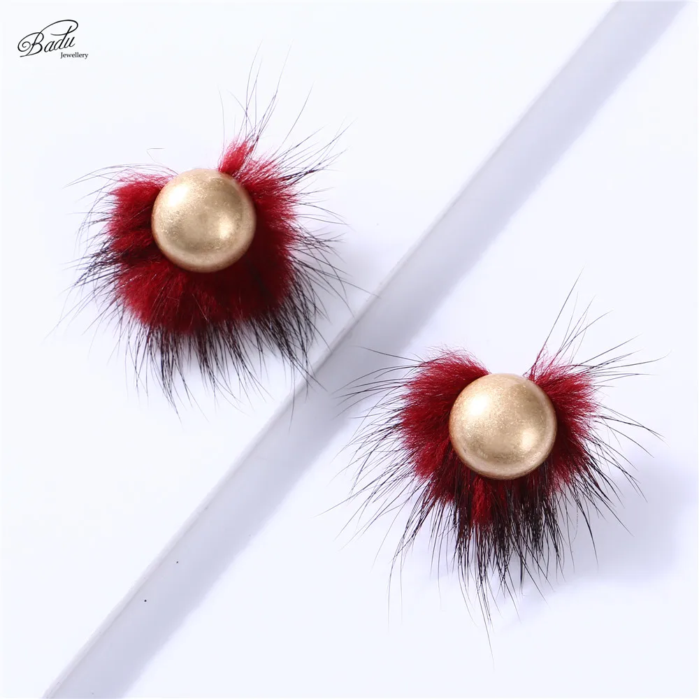 

Badu Cute Stud Earring Women Mink Fur Round Ball Charms Jewelry Korean Style Girls Fashion Gift