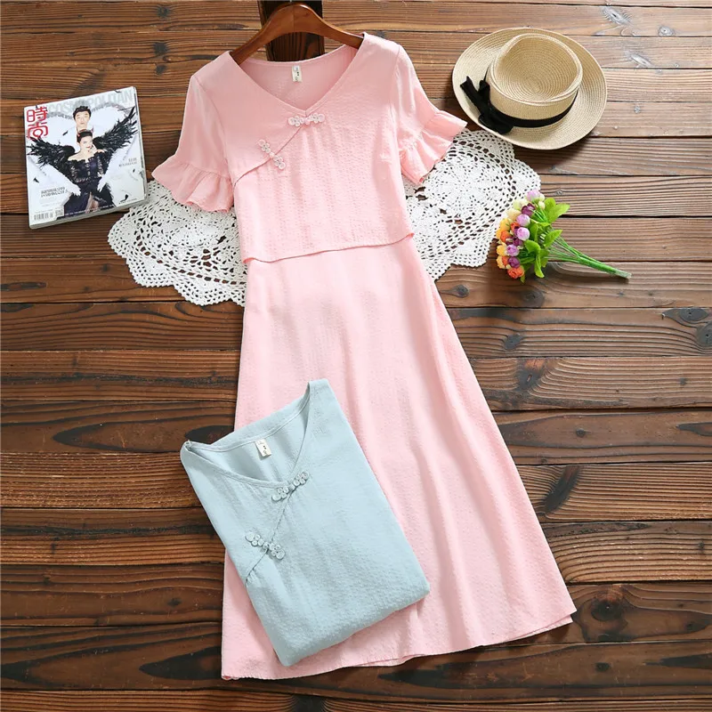 Однотонное летнее китайское винтажное женское платье с v образным вырезом из