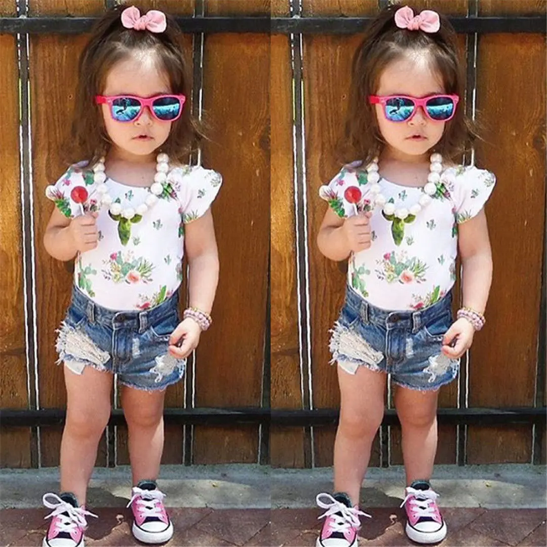 Летняя одежда для маленьких девочек 2 шт. топы с принтом цереус футболка рваные