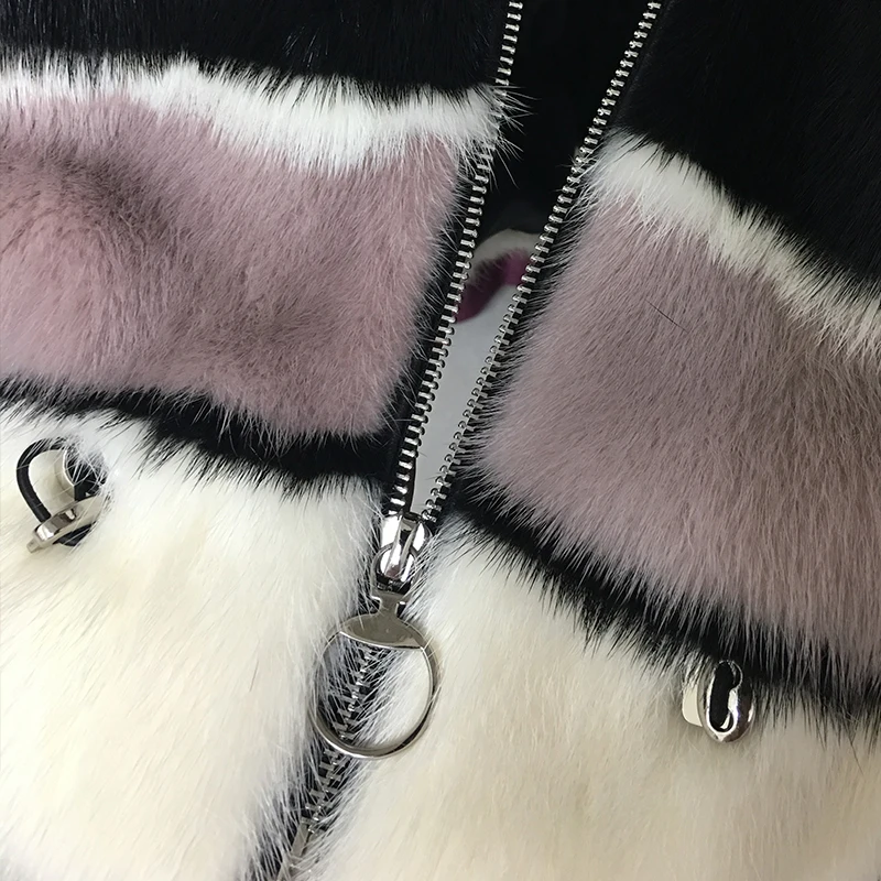 LVCHI 2019 Import Real Mink Fur Coats Women's Contrast Color Patchwork Coat Swarovski Crystal Heavy show catwalk Mink Fur Coats