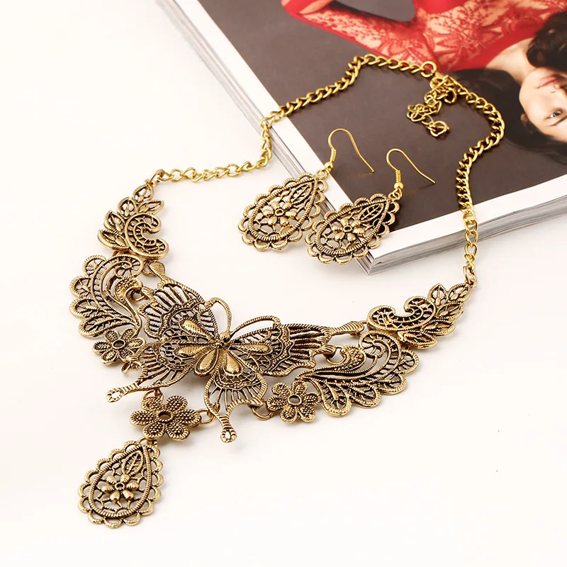 Vintage Antique Gold Butterfly Pendant Necklace Earring Jewelry Sets For Women Statement Choker Duftgold | Украшения и аксессуары