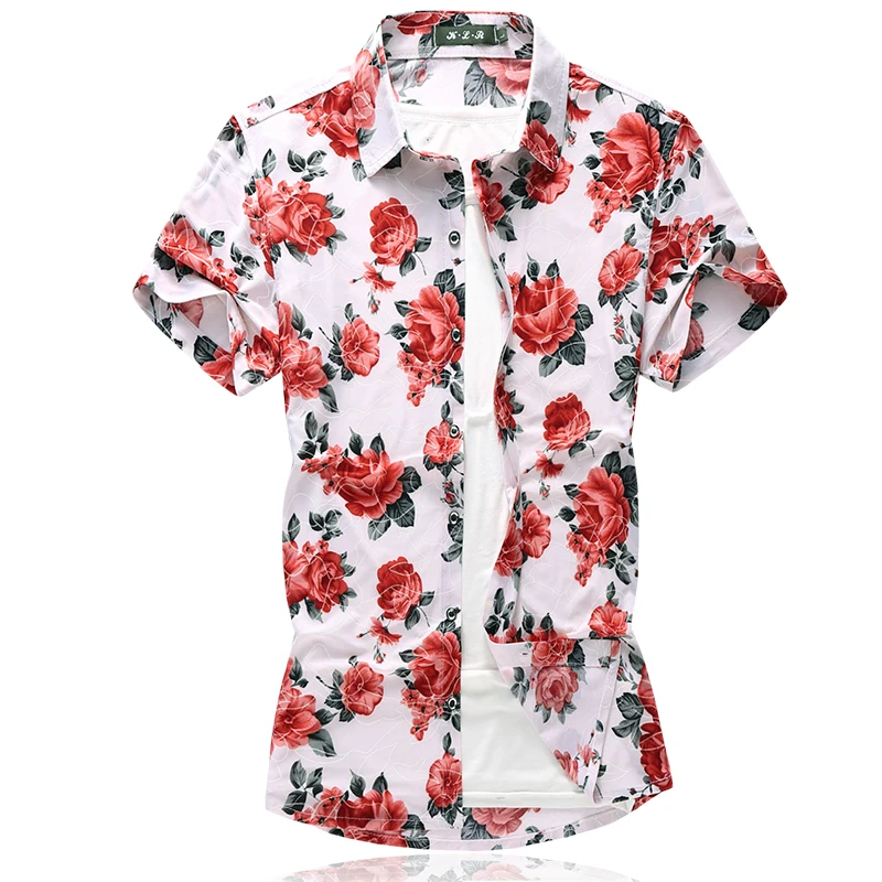 

Fashion Casual Men Flower Shirt Short Sleeve Asian Size S - 7XL mens shirts Blue and red