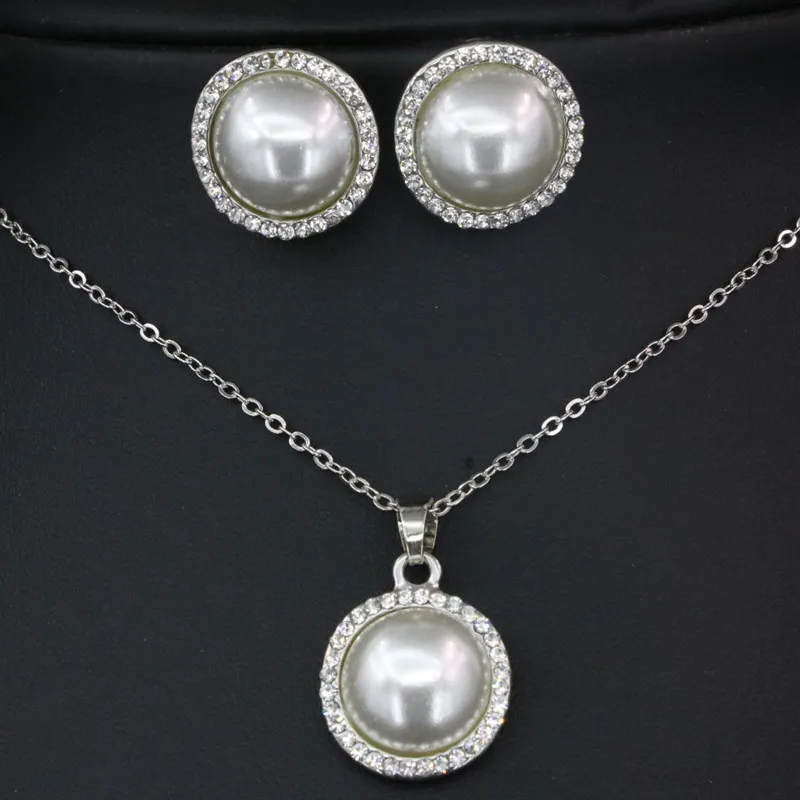 New Women's Round Simulated-Pearl Necklace Stud Earring Jewelry Set Silver-Color Gold Colors Chain Earrings 18inch B3407 | Украшения и