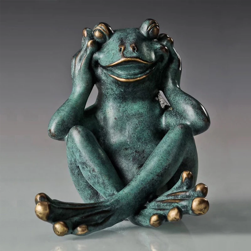 

Frog Statue Sculpture Hot Cast Bronze Feng Shui Animal Figurine Small Greenish Modern Art