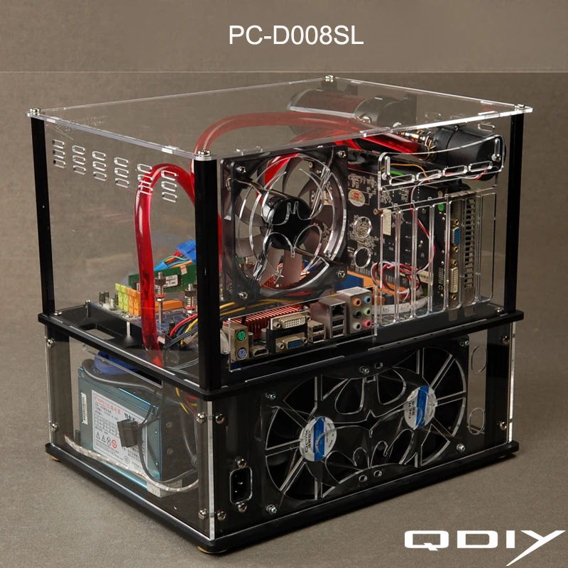 QDIY PC D008SL красочные горизонтальные E ATX прозрачный ПК с водяным охлаждением