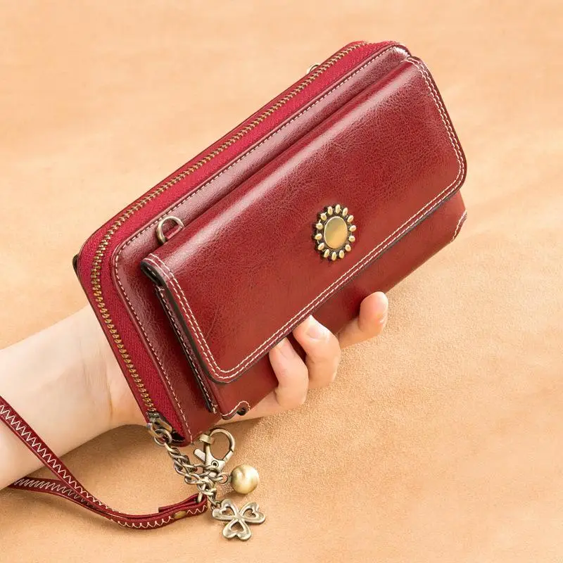 Красный Vintage Oil Wax Leather Women Wallets Long Zippers Purse Genuine Leather Wallet Female Clutch Multifunction Big Capacity Wallet - Цвет: Красный