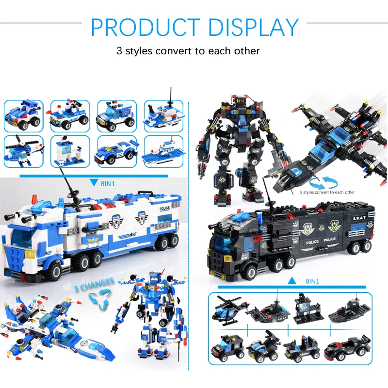 

8 in 1/6 In 1 City Police Building Blocks Robot Helicopter Model Police Station Blocks DIY Bricks Kids Toys