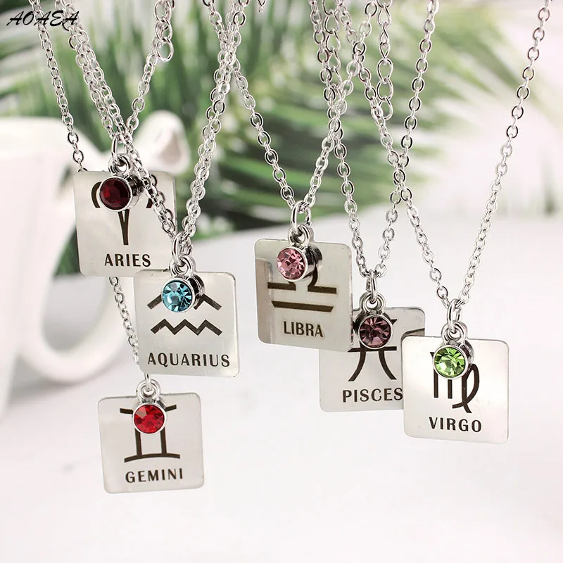 12 Zodiac Constellation Signs Pendant Necklace Crystal Birthstone Women Friend Birthday Gift Stainless Steel Jewelry | Украшения и