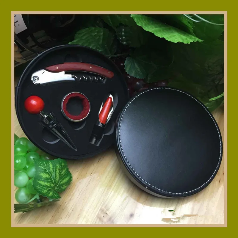 Free shipping Red Wine Bottle Opener 4Pcs In One Set with Black Leather Gift Box Wines Accessory | Дом и сад