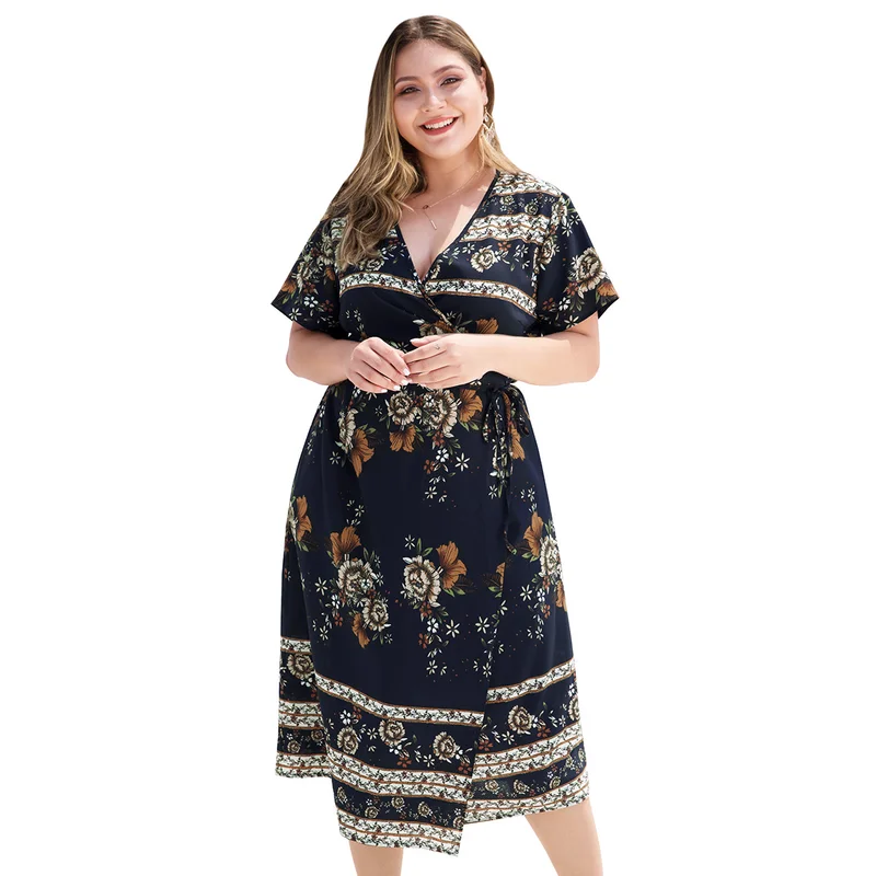 Летнее женское платье Плюс Размер короткий рукав v образный вырез Высокая талия