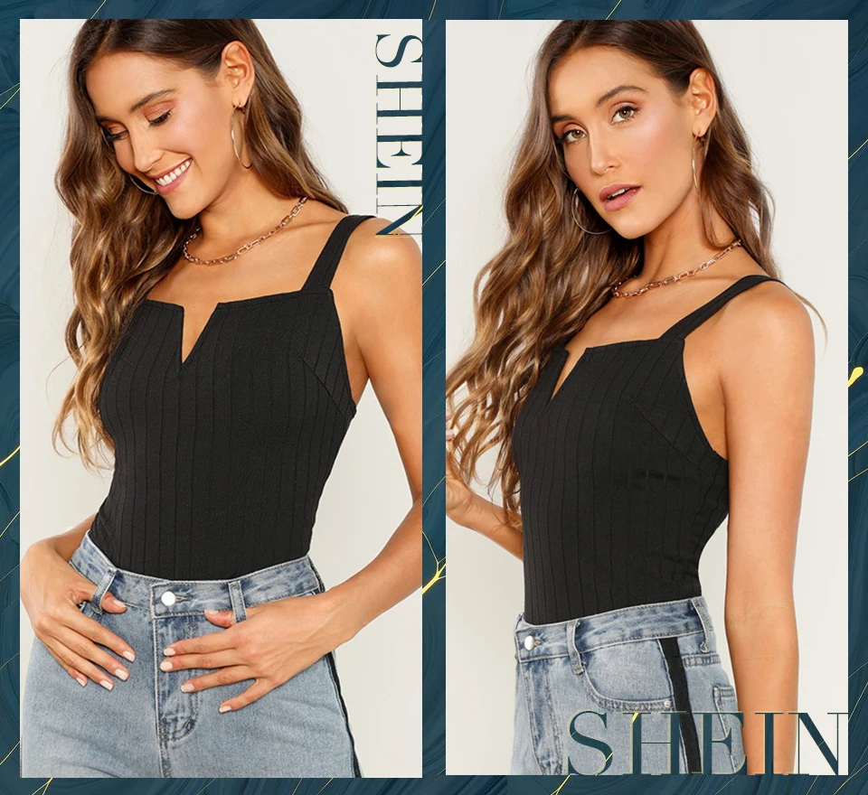 SHEIN Облегающий Однотонный Топ С V-Образным Вырезом Женский Черный Осенний Повседневный Топ
