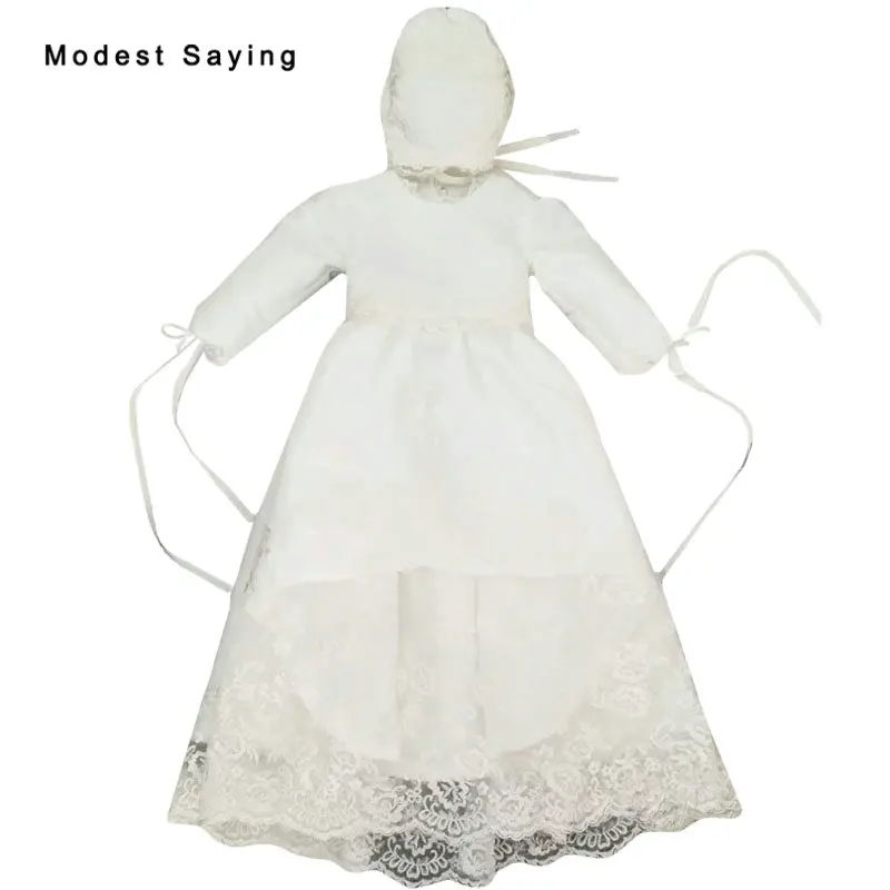 

Lovely Ivory A-Line Long Sleeves Lace Communion Dresses 2018 with Cap Tea-Length Kids Girl Party Prom Gowns Robes de communion