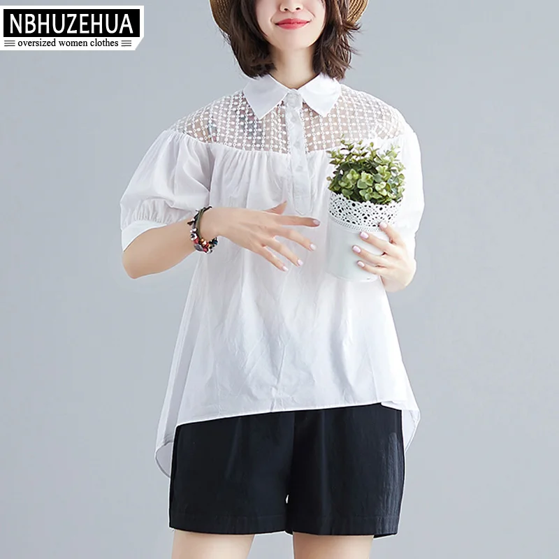 Блузка NBHUZEHUA 2019 из хлопка с милым кружевным вставками, белая, с короткими рукавами, летняя, больших размеров, рубашки 4XL XXXL 19-D203