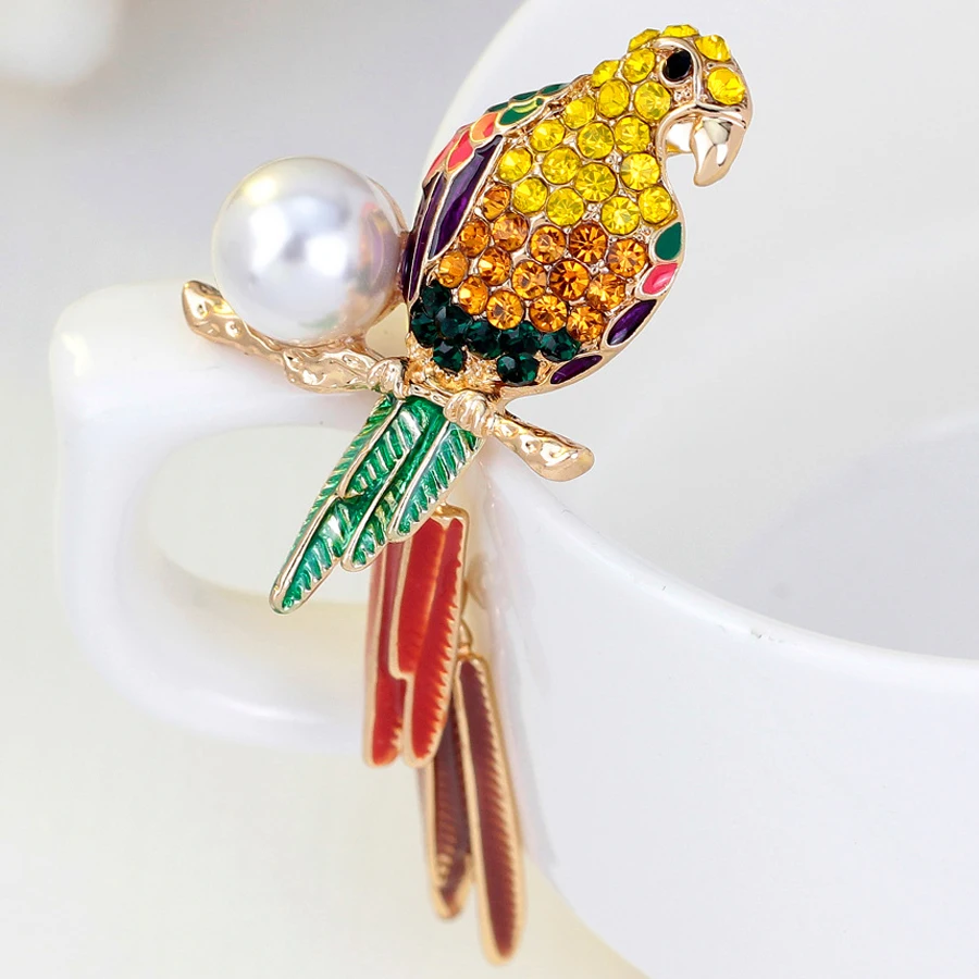 Женская Брошь в виде попугая Стразы разноцветная брошь с искусственным жемчугом