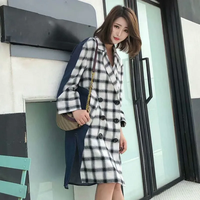 TWOTWINSTYLE клетчатое пальто женское свободное двубортное с рукавом три четверти лоскутное джинсовое Женское пальто Осенняя мода Новинка