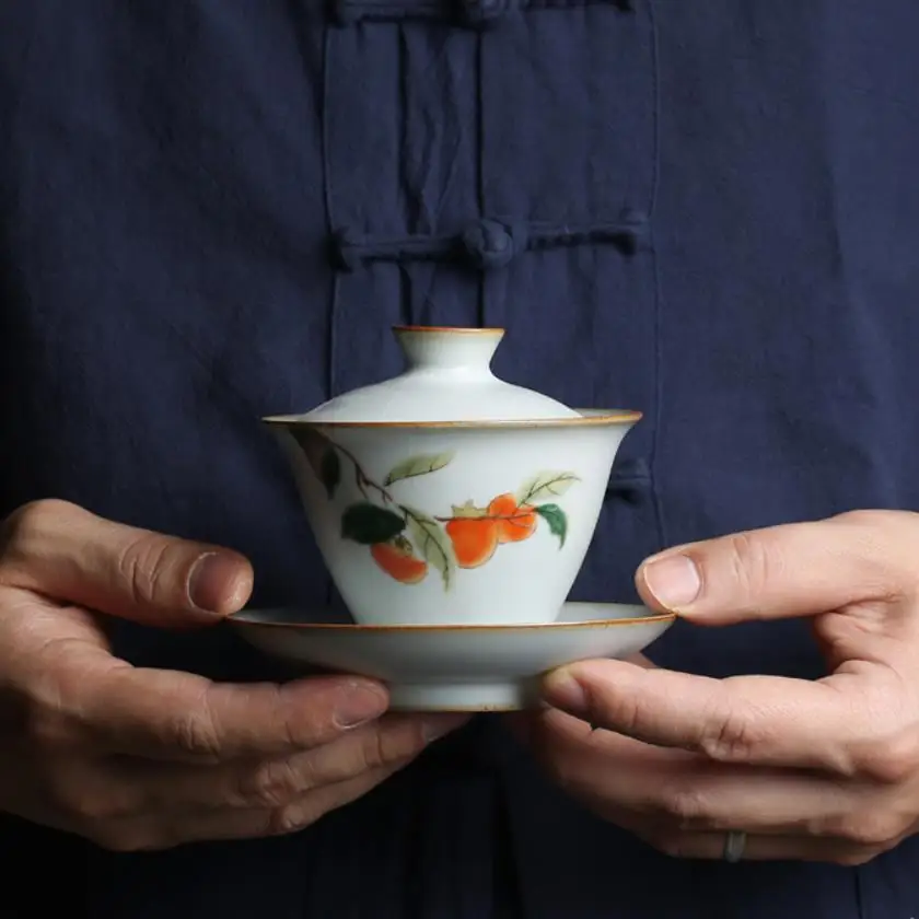 &quotKingTeaMall&quot фарфор Gaiwan чайная чашка с рисунком хурмы Gonfu Teawares teates Teatools