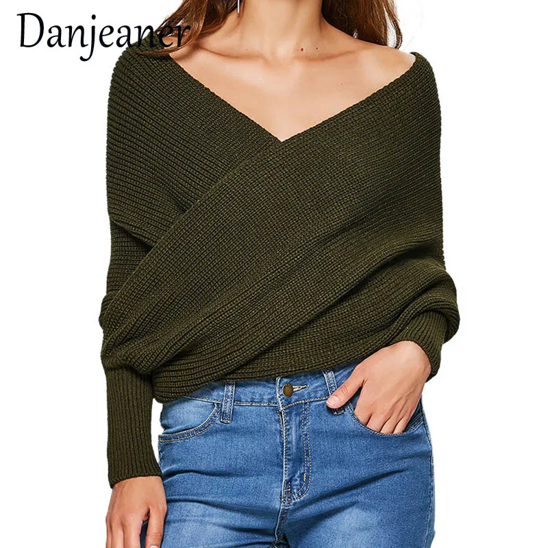Danjeaner Long Sleeve Sweaters Women 2018 Autumn Sexy Off Shoulder Wrap Knitted Tops V Neck Slim Pullovers Jumper Shawl | Женская одежда