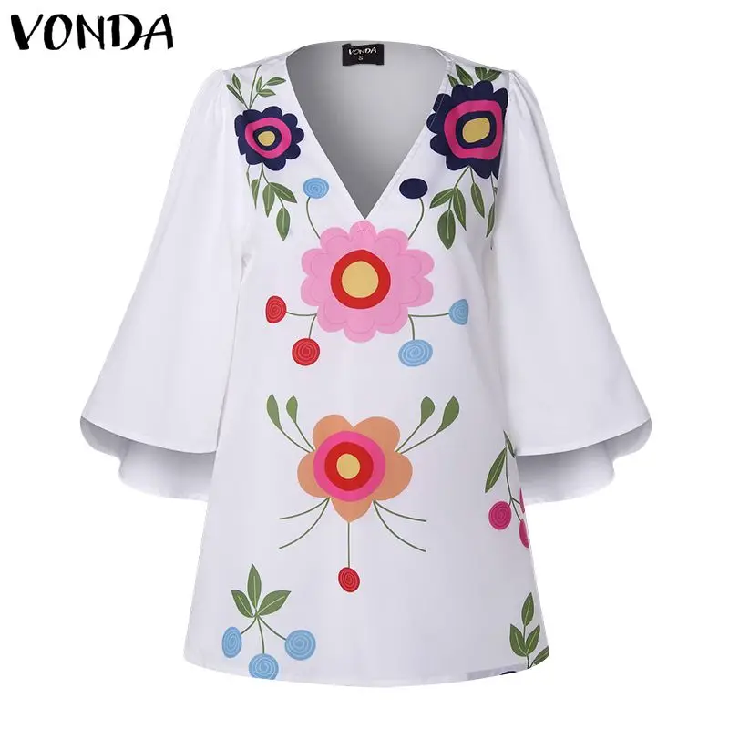 VONDA Summer Fashion Blouses Women Vintage Floral Print Shirts Casual V Neck Flare Sleeve Blusas Plus Size Sexy Tops