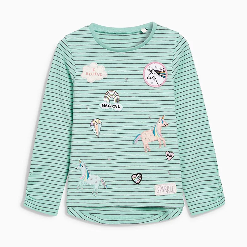 

2-7 Years Baby Girls T Shirt Long Sleeve Cotton Green Stripe Cartoon Printing Tops Toddler Girl Children T-Shirts KF632