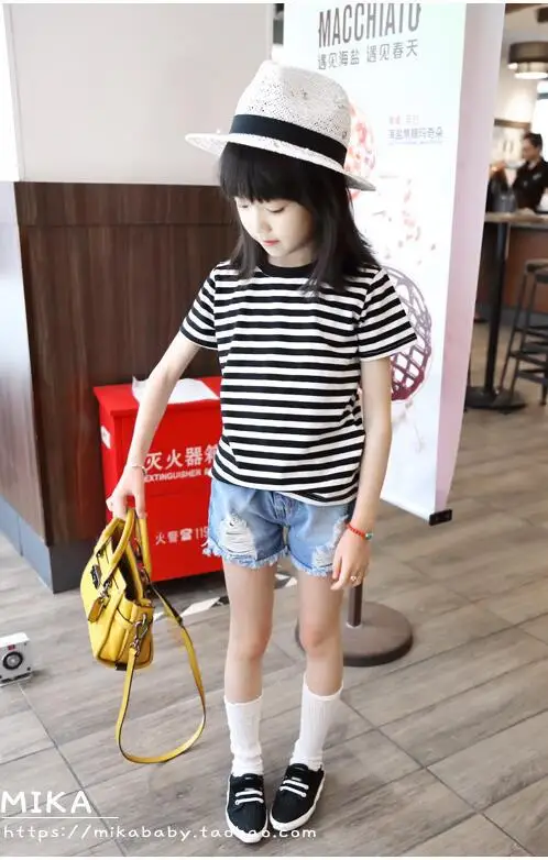 Детская футболка в полоску с коротким рукавом Новинка лета 2018 Корейская