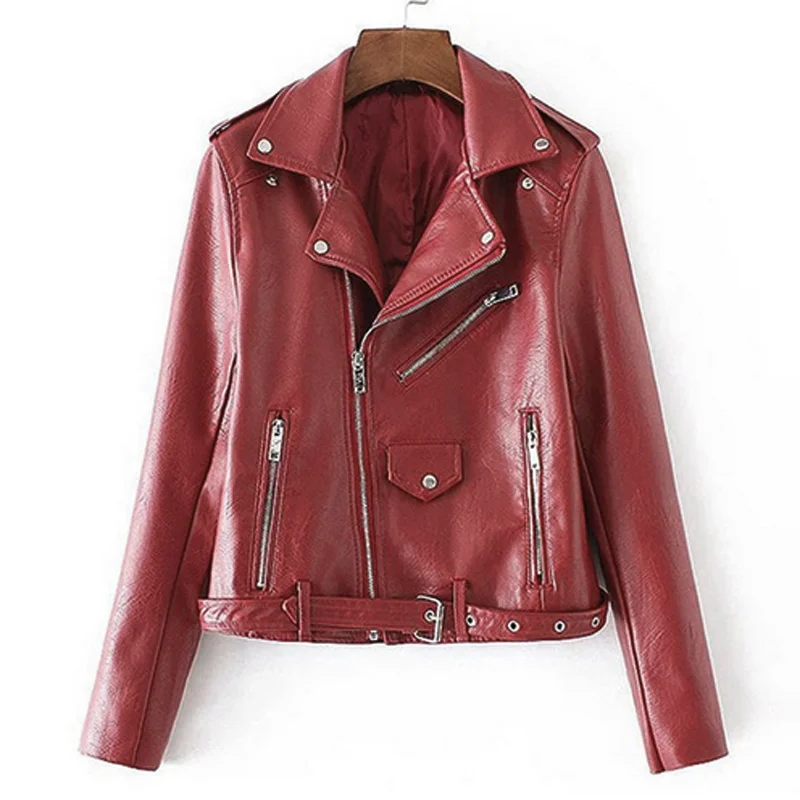 Dark Red Saimishi мотоциклетные женские Куртки из искусственной кожи весна осень короткий локомотив куртка с длинным рукавом на молнии женские пальто Верхняя одежда - Цвет: Dark Red