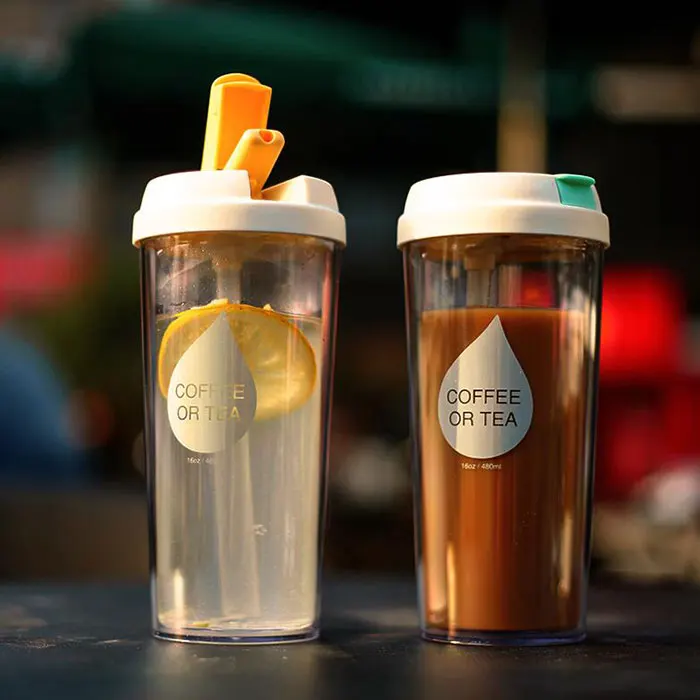 Модная двухслойная пластиковая бутылка для воды с соломинкой без БФА