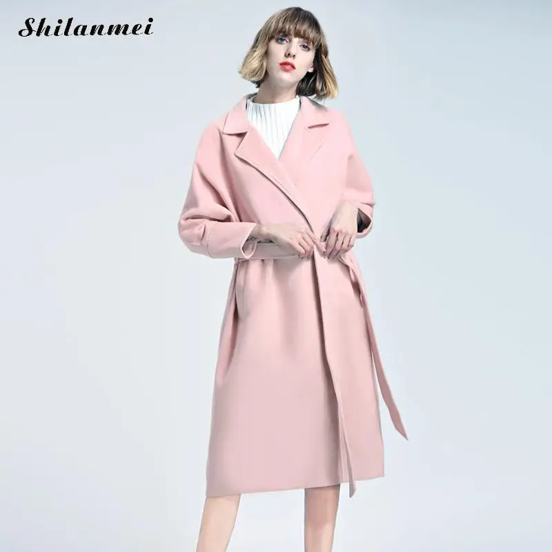 pink Зимний шерстяной длинный кардиган, пальто для женщин с поясом, небесно-голубой/розовый, открытый шов, плащ, утолщенная Женская куртка, пальто, модное манто - Цвет: pink