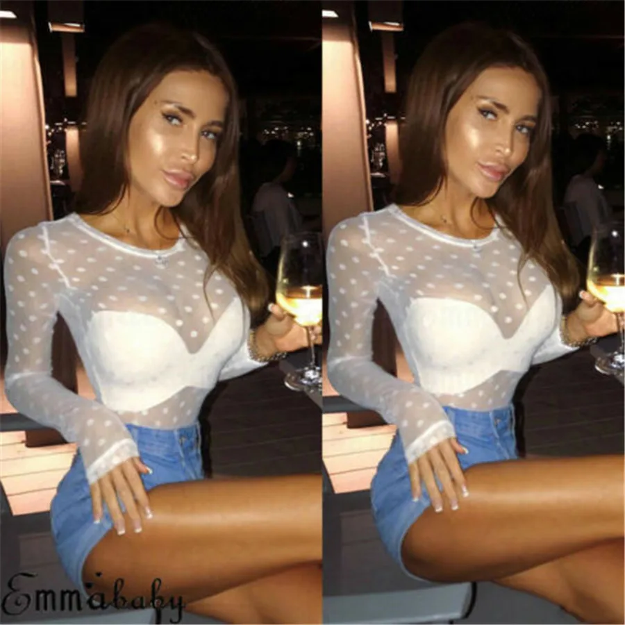 Новинка 2019 модный сексуальный женский топ в горошек с длинным рукавом прозрачная