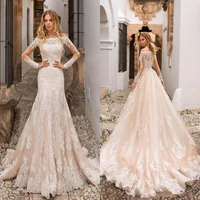 beautiful champagne mermaid wedding dresses off shoulders lace appliques sheer long sleeves tulle long bridal gowns