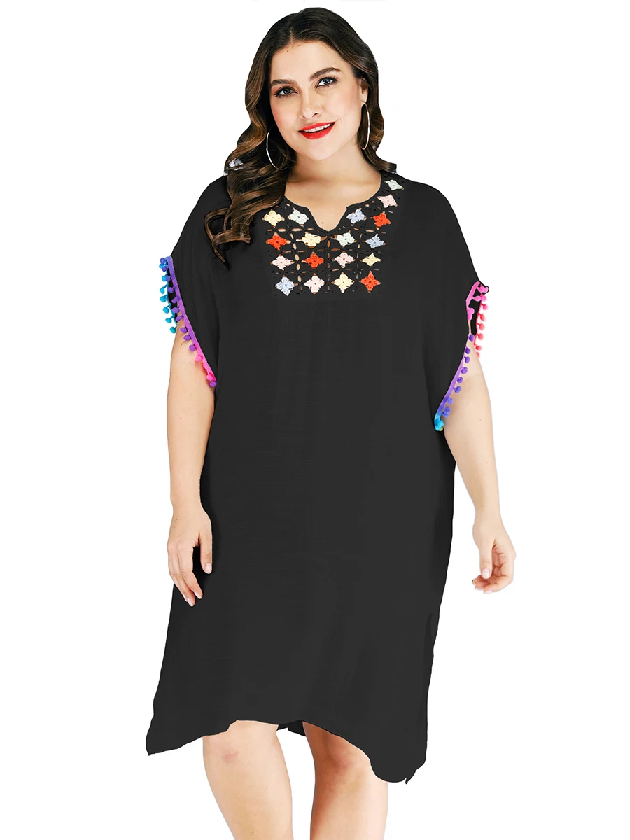 Большие размеры Boho кисточкой Bikin пляжная одежда черный/белый более Размер летнее