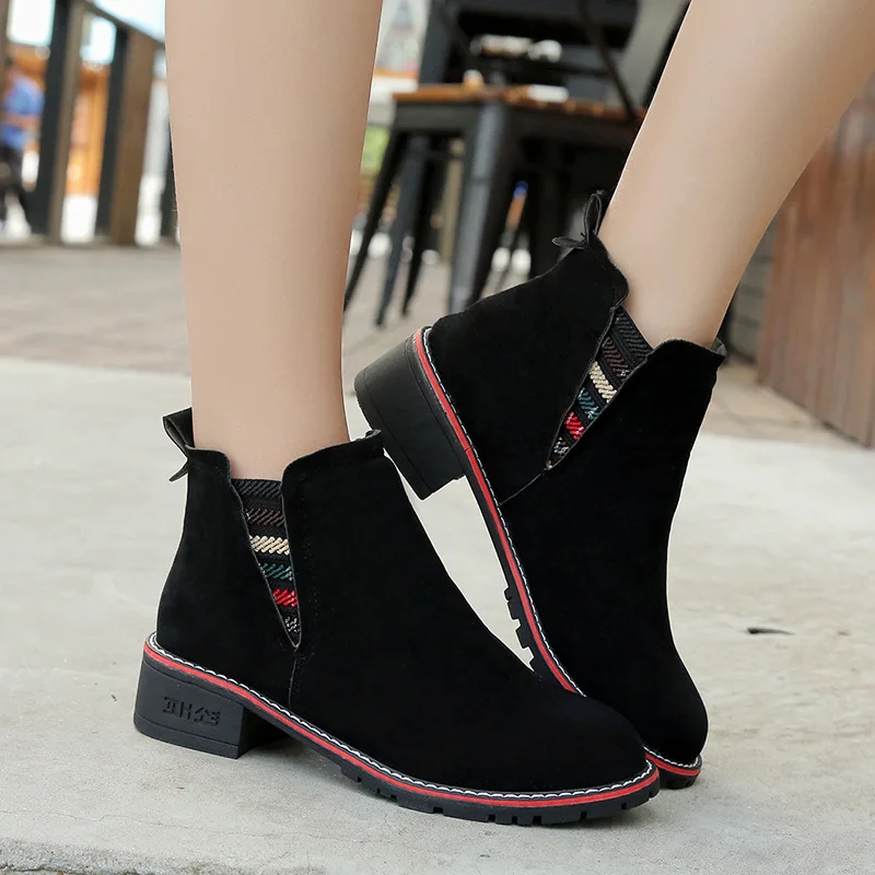 Ботинки Челси женские с круглым носком Ретро стиль флок низкий квадратный каблук