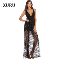 xuru new sequin dress sling slim sexy club party dress halter black apricot tassel mopping long dress