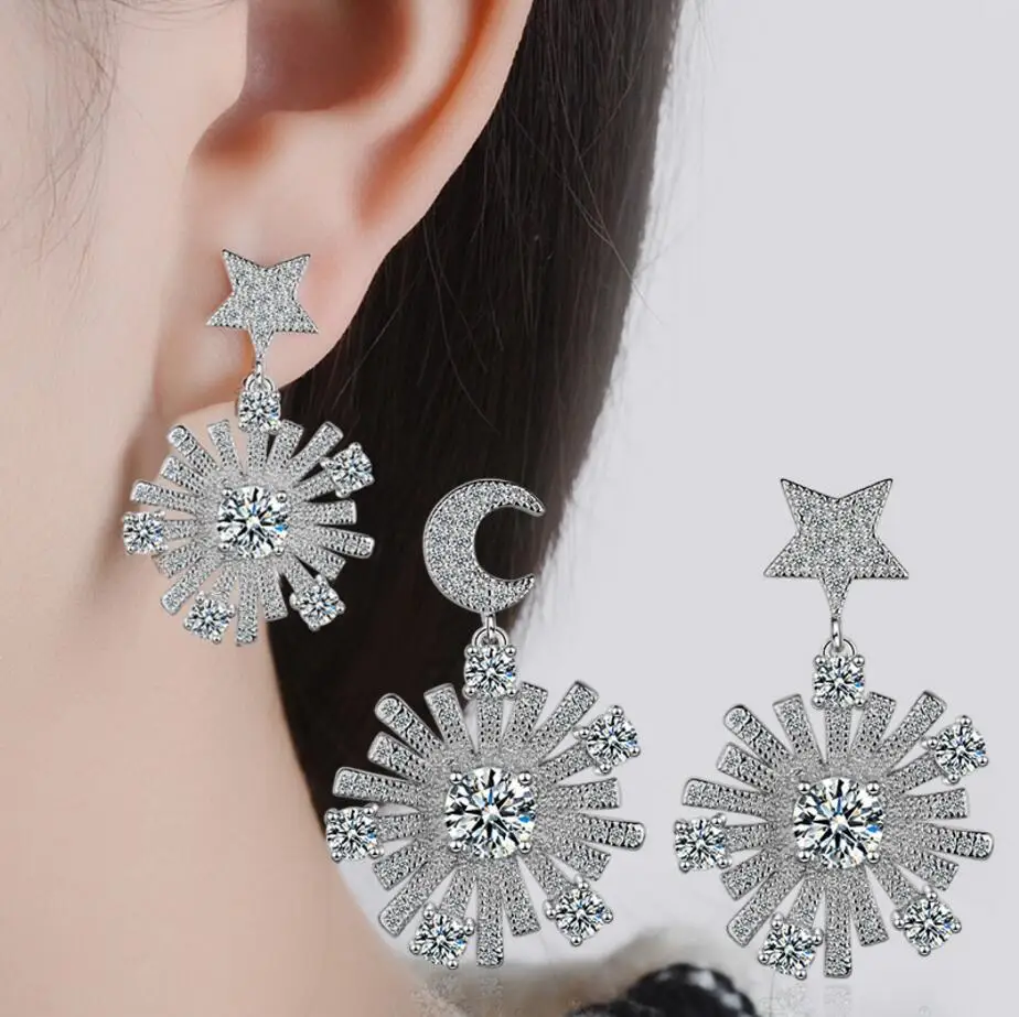 

New Arrivals Crystal Moon Star Asymmetri 925 stamp silver colorStud Earrings For Women Jewelry Pendientes Brincos Free Shipping