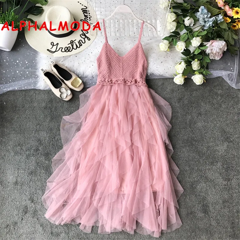 ALPHALMODA, сексуальный бюстгальтер на бретелях, Сетчатое платье, летнее, трикотажное, сшитое, игривое, гофрированное, Марлевое, лоскутное, до середины икры, Vestidos