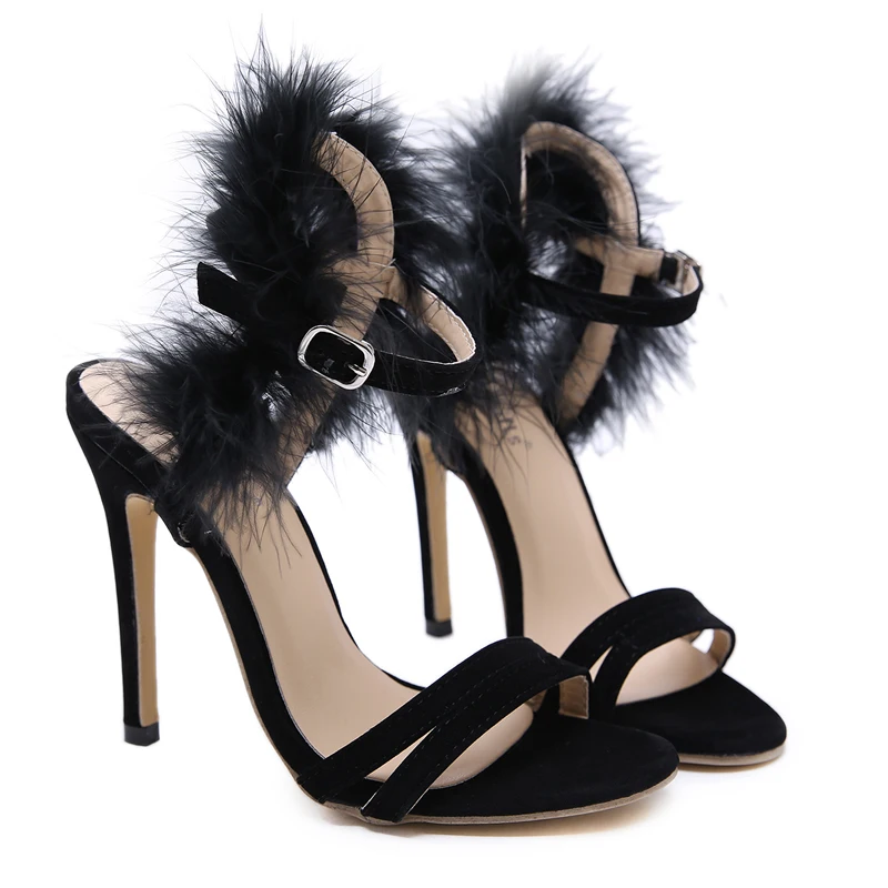 Женская обувь 11 см шпильки сандалии Украшенные перьями на высоком каблуке модная
