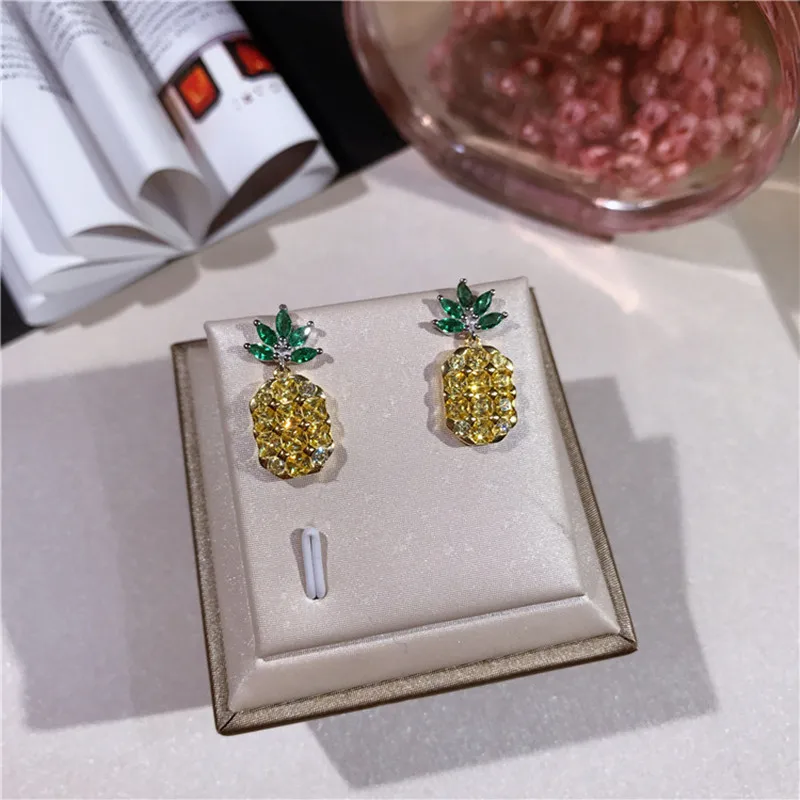 2017 new fashion S925 sterling silver exquisite craft pineapple earrings lovely yellow zircon stone fruit women's | Украшения и
