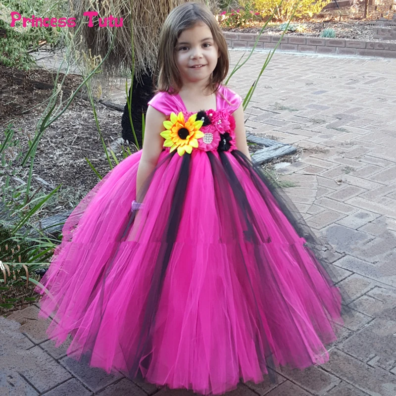 Black &amp Hot Pink Flower Girl Tutu Dress Handmade Princess Tulle Kids Girls Wedding Party Dresses for Ball Gown | Детская одежда и