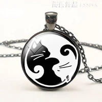 fashion accessories two yin yang cats glass dome necklace cat pendant kolye cabochon long chain statement for women men gift