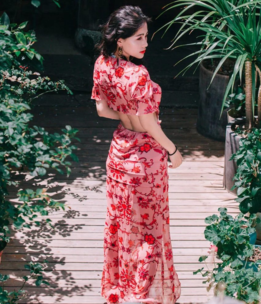 

New Sexy Backless Chiffon Beach Long Dress 2019 Summer Women Red Printed Short Sleeve Holiday Dress Designer Split Boho Dress