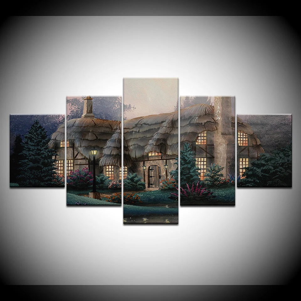 Canvas Painting Thatched house landscape 5 Pieces Wall Art Modular Wallpapers Poster Print for living room Home Decor | Дом и сад