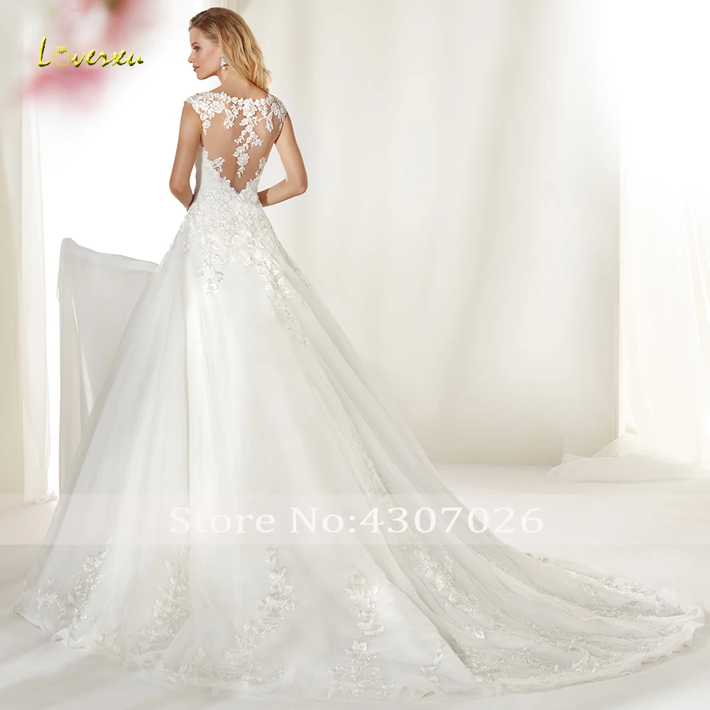 Loverxu Delicate V-Neck A Line Wedding Dress Cut-Out Applique Cap Sleeve Backless Bride Court Train Bridal Gowns Plus Size | Свадьбы и