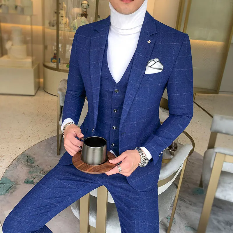 

Men Plaid Slim Blazers Suits Korean Male Professional Wear Costum Homme Mariage 3 Pieces Groomsmen Wedding Dress Suits