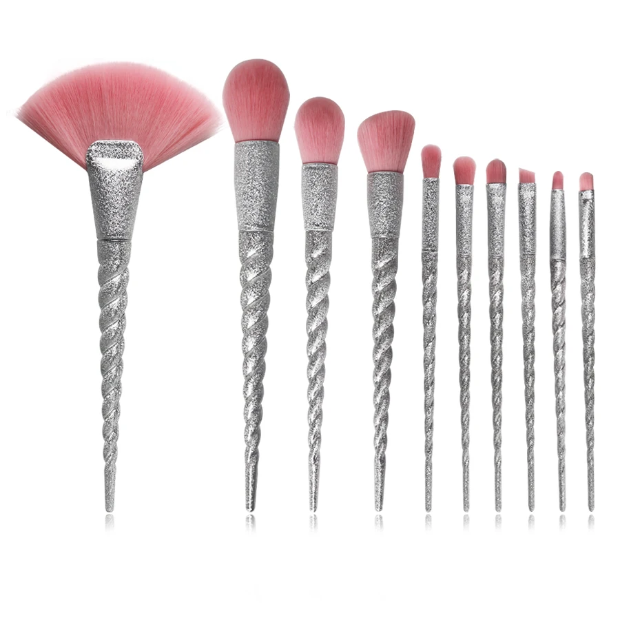 Набор кистей для макияжа с серебристым блеском 10 шт. рогом единорога пудры румян
