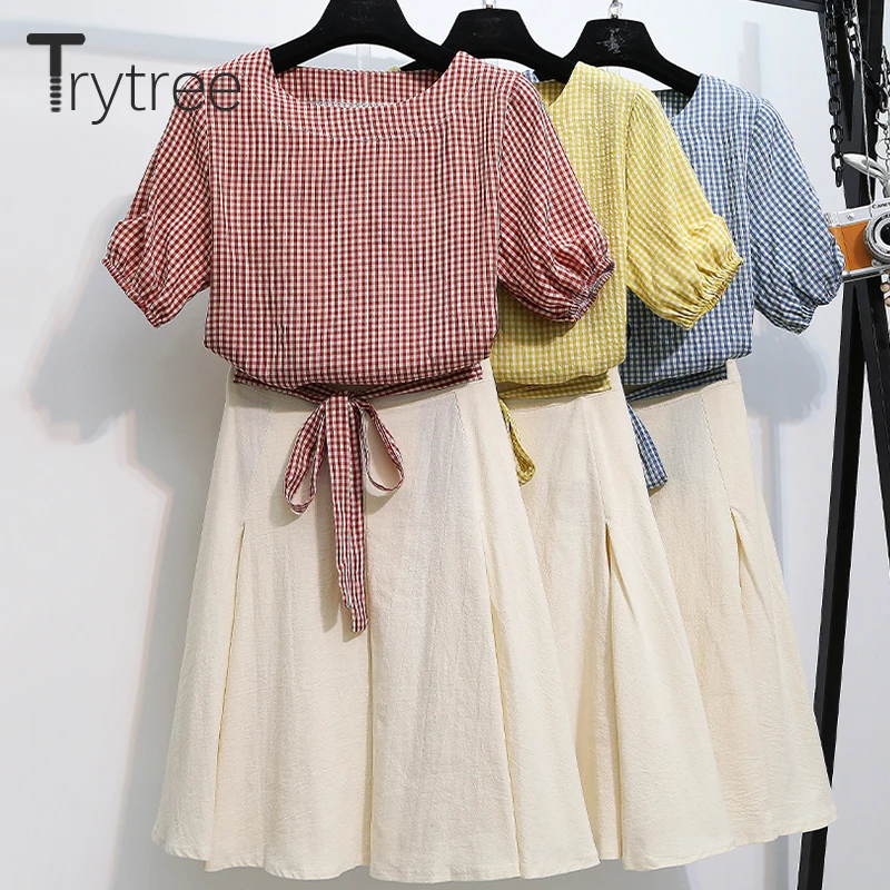 Trytree/летний женский костюм из двух предметов повседневный клетчатый топ с