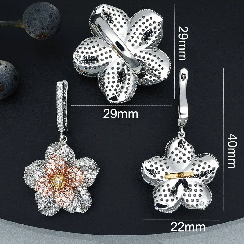 ModemAngel Three Tone Flower Earrings Ring Fashion Jewelry Sets AAA Cubic Zircon Women Wedding Party Bijoux Bijouterie Gift | Украшения и