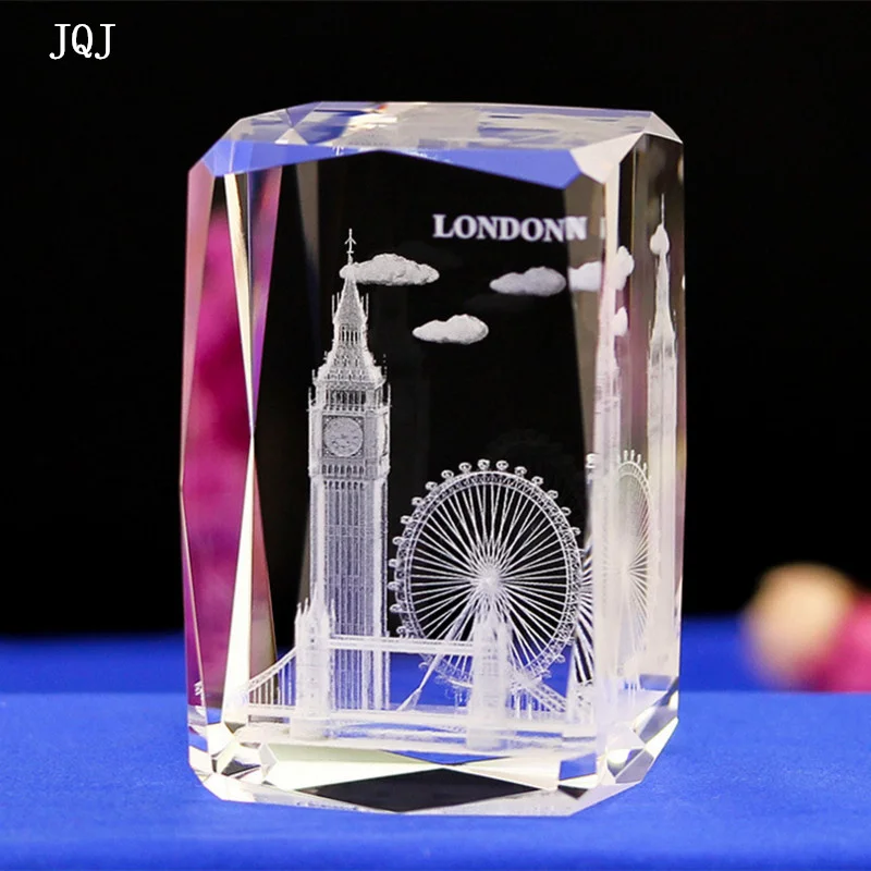 JQJ 3D Laser Engraved Crystal Glass Cube London Model Paperweight Tower Bridge Eye Big Ben Figurines Feng Shui Souvenirs Crafts | Дом и сад
