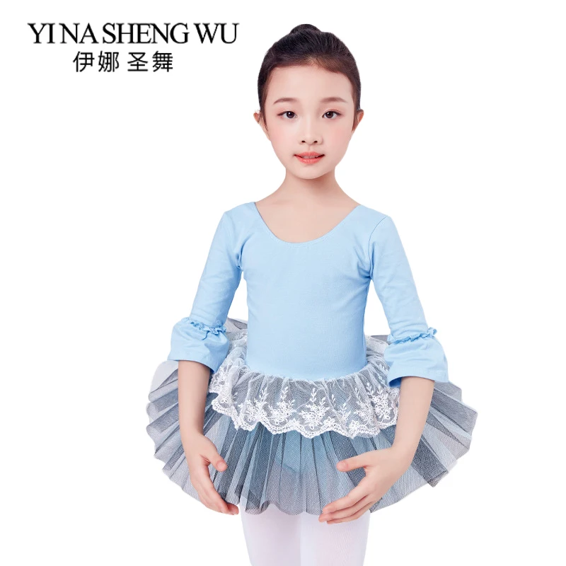 

New 3/4 Long Sleeve Ballet Dress Children Dance Performance Tutu Ballet Skirt Kids Lace Fluffy Skirt Ballet Dance Practice Dress