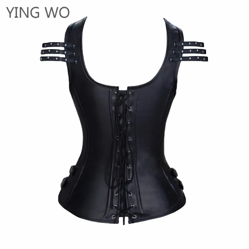 Черный цвет Большие размеры Готический кожаный корсет с молнией Стад подробно