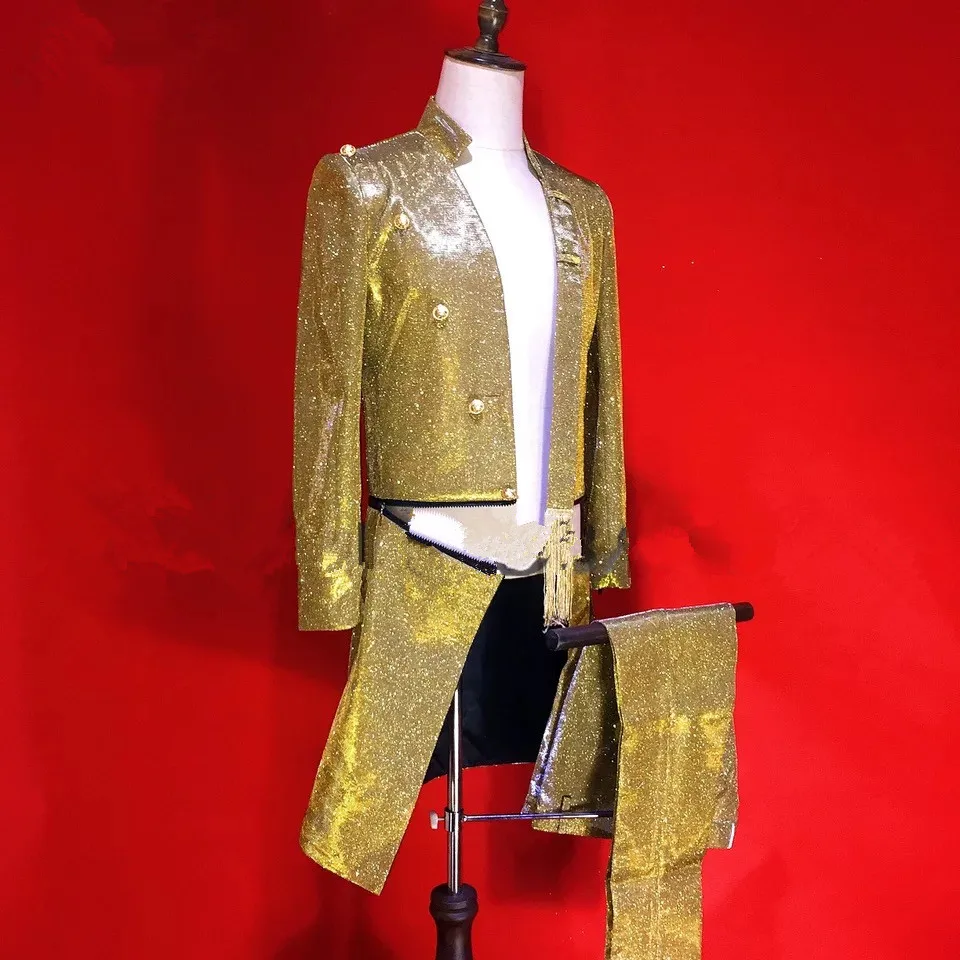 Новый мужской костюм для клуба крутые костюмы золотого цвета супер куртка