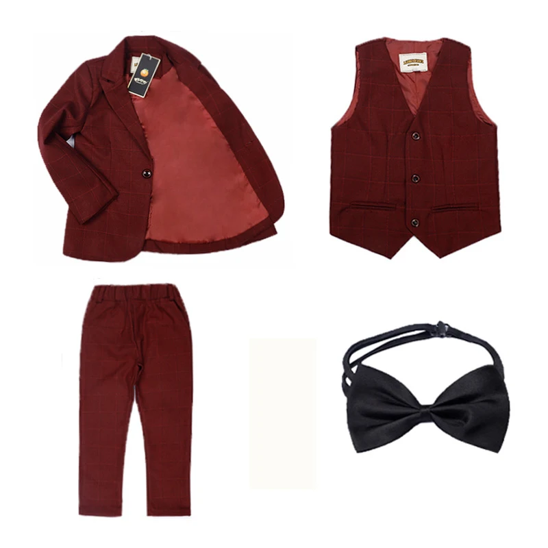 red 3pcs Осень-зима, детский деловой костюм, комплекты клетчатый смокинг с цветочным принтом для мальчиков, жилет, рубашки, штаны, комплекты одежды детский костюм для свадебной вечеринки - Цвет: red 3pcs